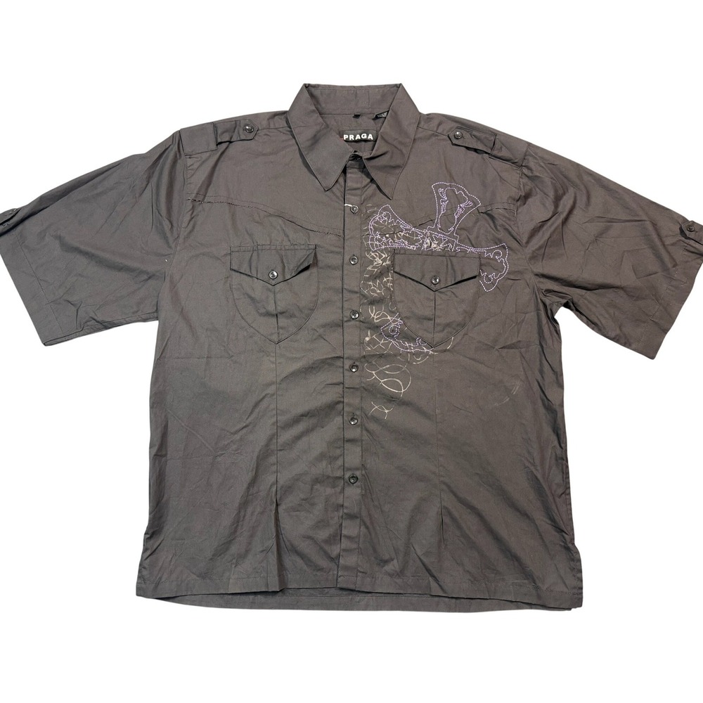 VTG Praga Mens 3XL Black Gothic Cross Redemption Embroidered‎ Short Sleeve Shirt